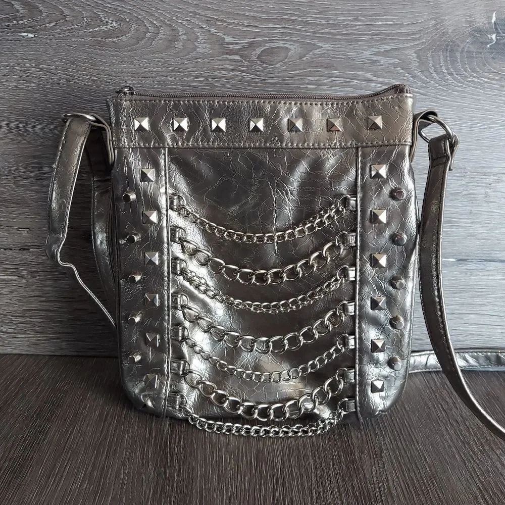 Women's Crossbody Silver Bag with Chains/Studs Shoulder Strap